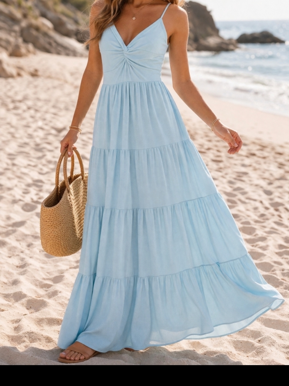 VENUS Blue Tiered Maxi Dress Twist Front Boho Sundress Flowy Spaghetti Strap S